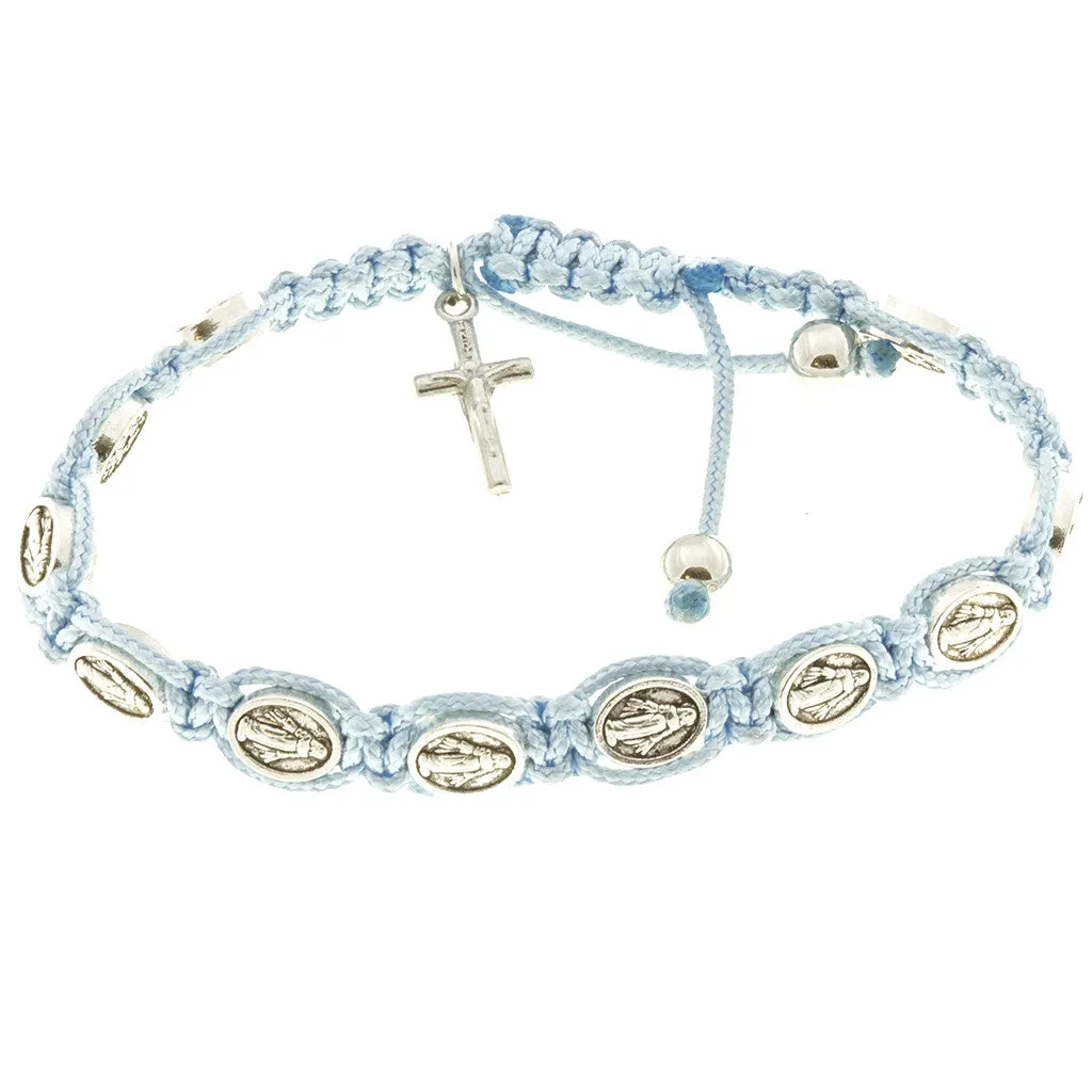 10 Light Blue Cord Miraculous Medal Rosary Bracelets with Prayer Booklets