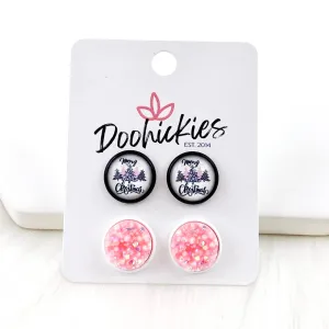 12mm Pink Plaid Merry Christmas & AB Pink in Black/White Settings -Christmas Studs