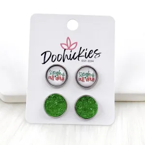 12mm Sleigh All Day & Green Sparkles in Stainless Steel Settings -Christmas Studs