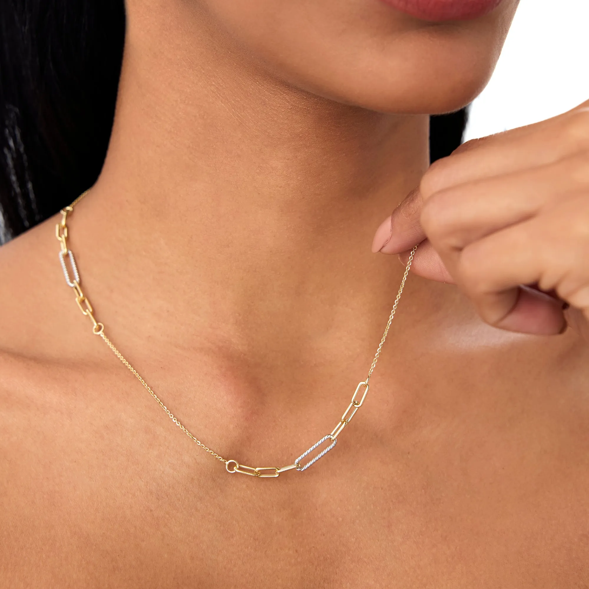 14k Two-Tone Link Layering Paperclip Necklace