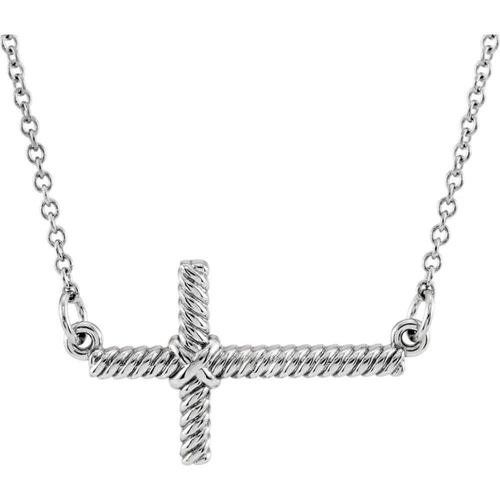 14k White Gold 11.3x20.15mm Sideways Rope Cross 16.5" Necklace