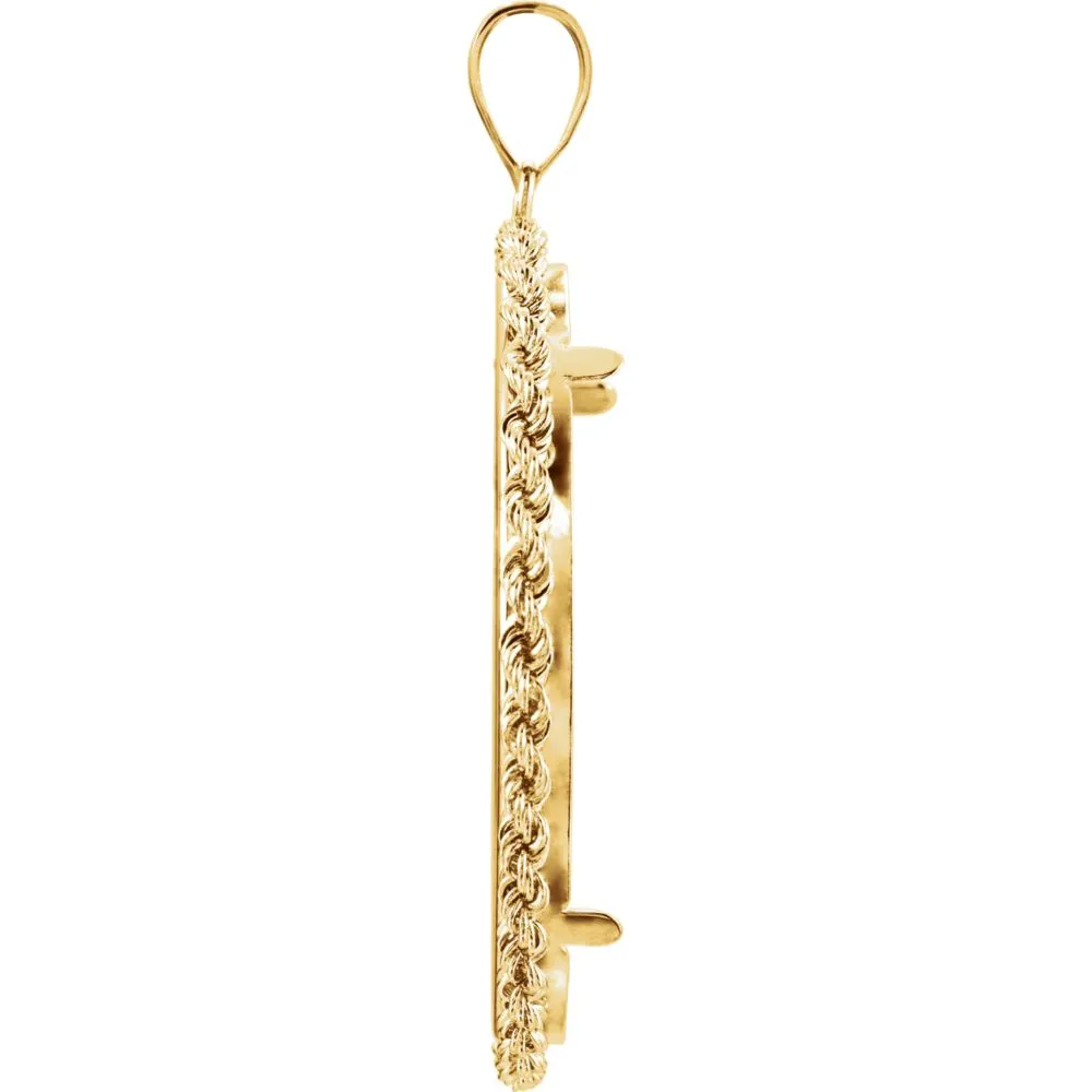 14k Yellow Gold 2.5mm Solid Rope Tab Back Frame Pendant for Mexican 50 Peso Coin