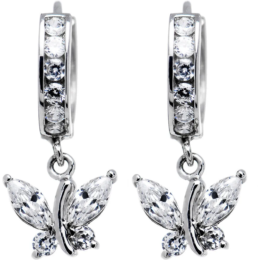 14kt White Gold Clear CZ Butterfly Huggy Earrings