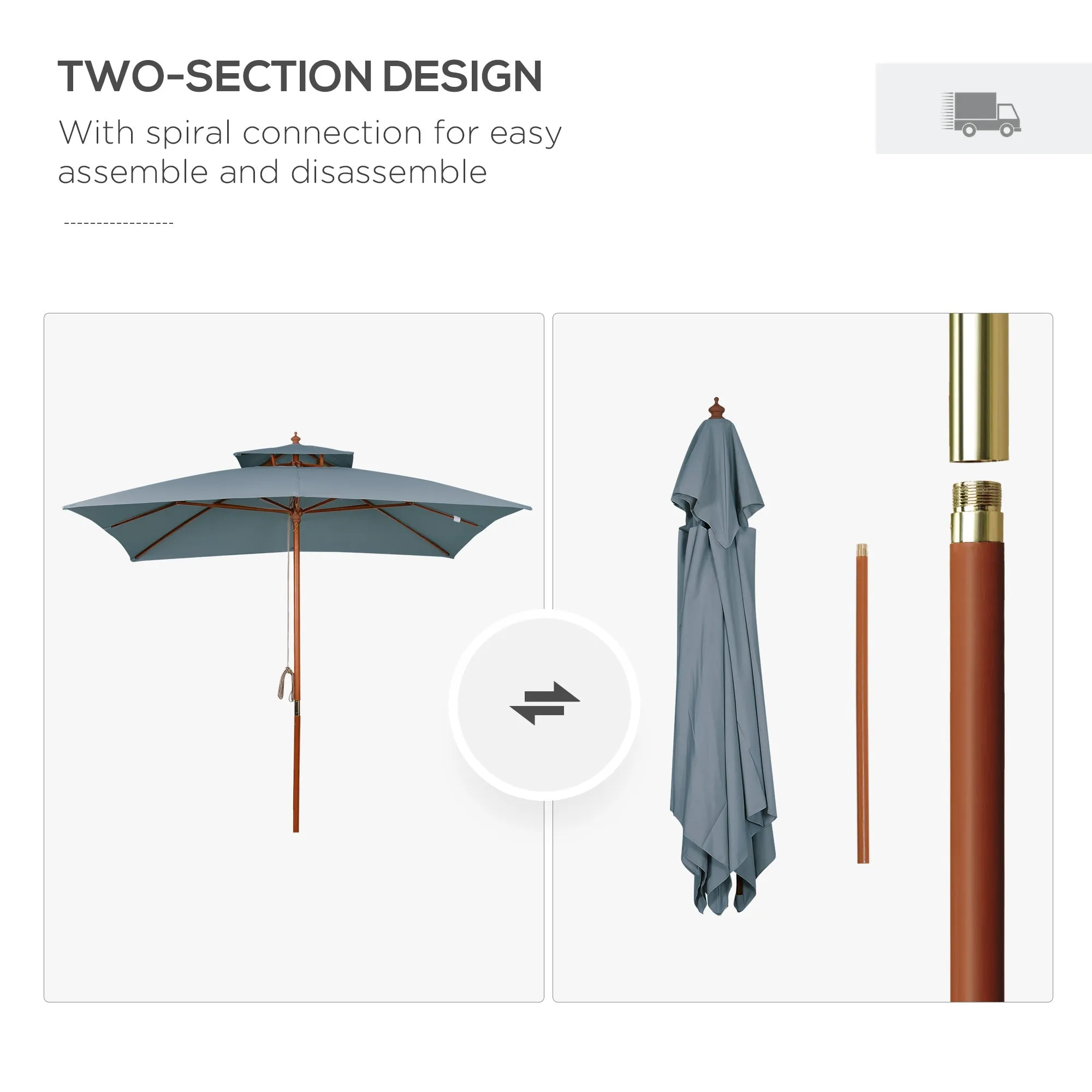 3X3M Wood Square Patio Umbrella Market Parasol Sunshade Canopy Dark Grey