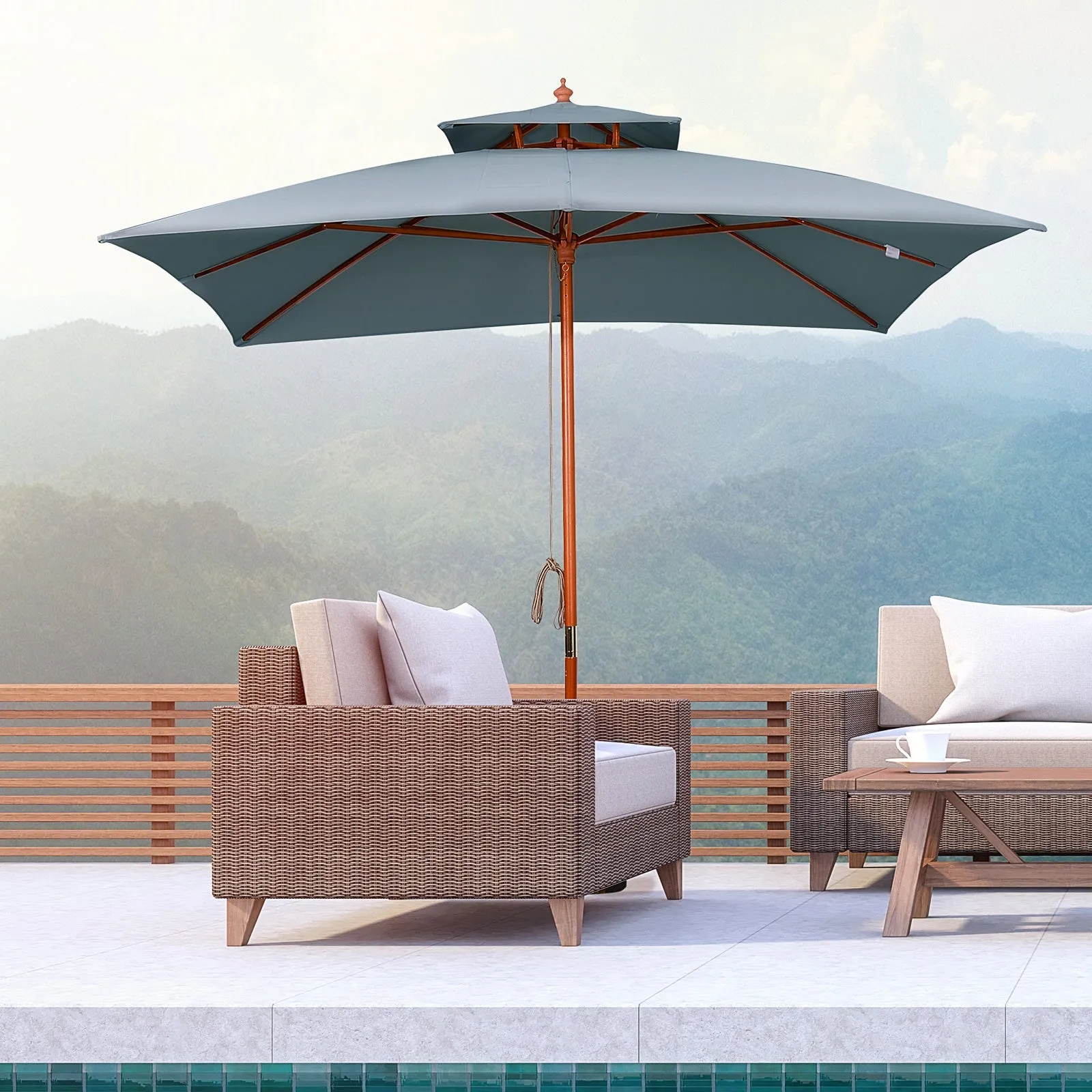 3X3M Wood Square Patio Umbrella Market Parasol Sunshade Canopy Dark Grey