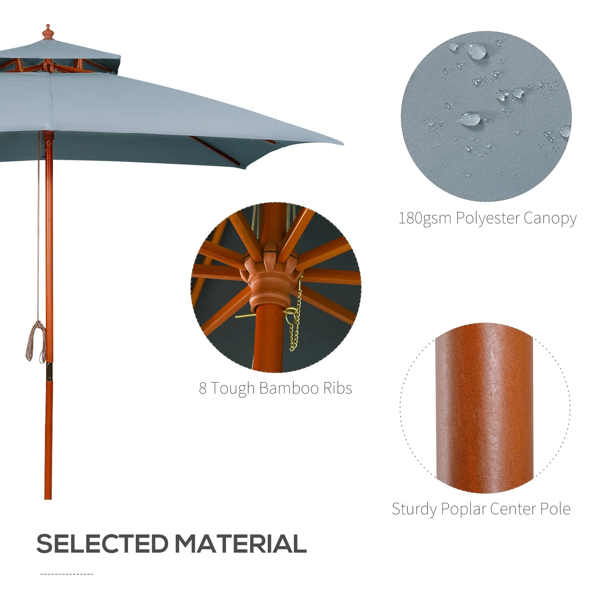 3X3M Wood Square Patio Umbrella Market Parasol Sunshade Canopy Dark Grey