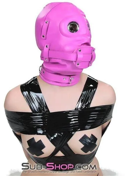 4731RS      Hot Pink Deep Throat Fantasy Locking Full Hood with Removable Blindfold and 4” Penis Gag