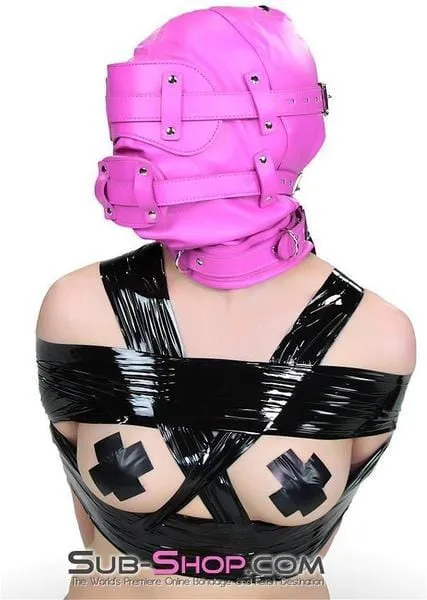 4731RS      Hot Pink Deep Throat Fantasy Locking Full Hood with Removable Blindfold and 4” Penis Gag