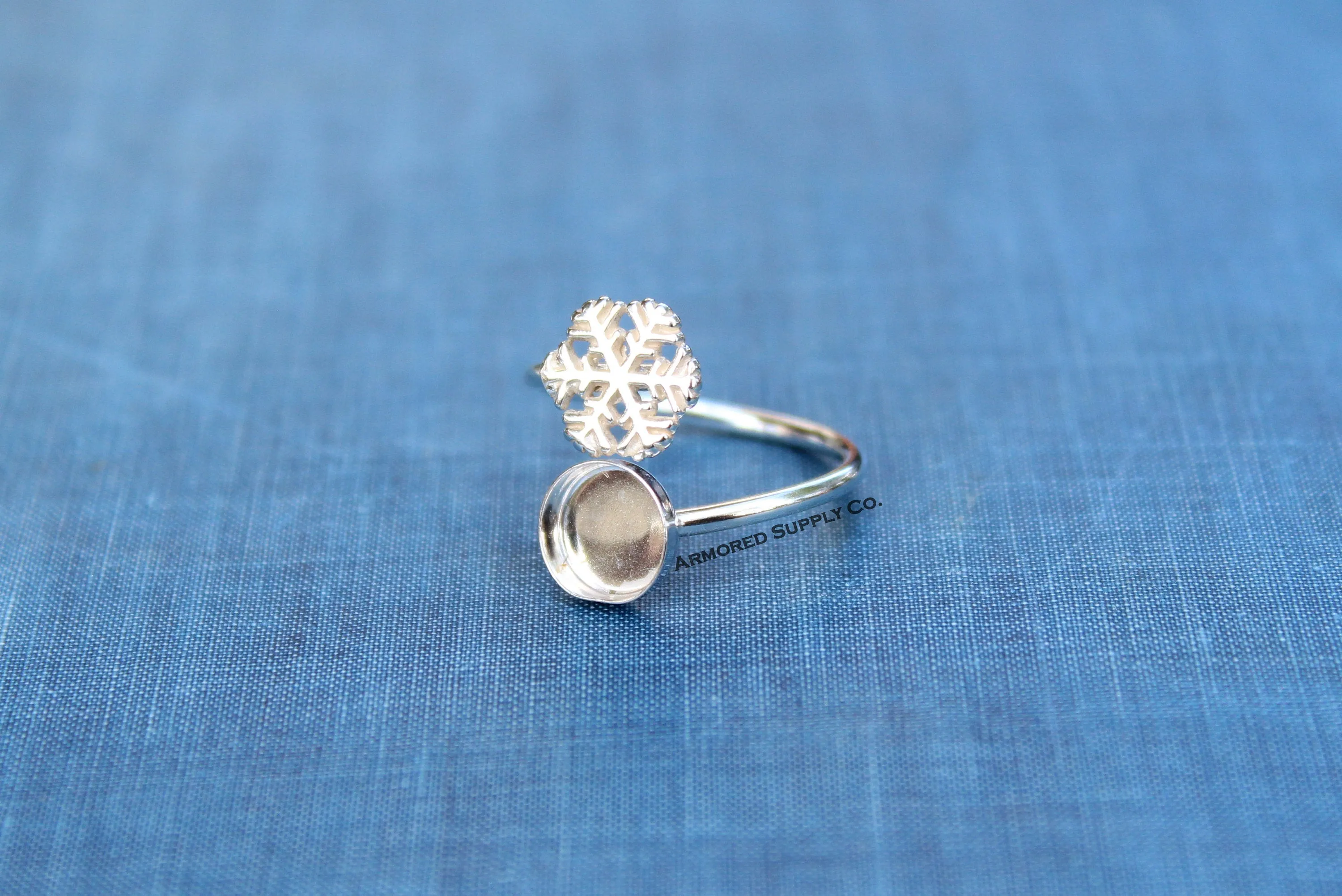 4mm Sterling Silver Snowflake Wrap Bypass Adjustable Bezel Ring blank