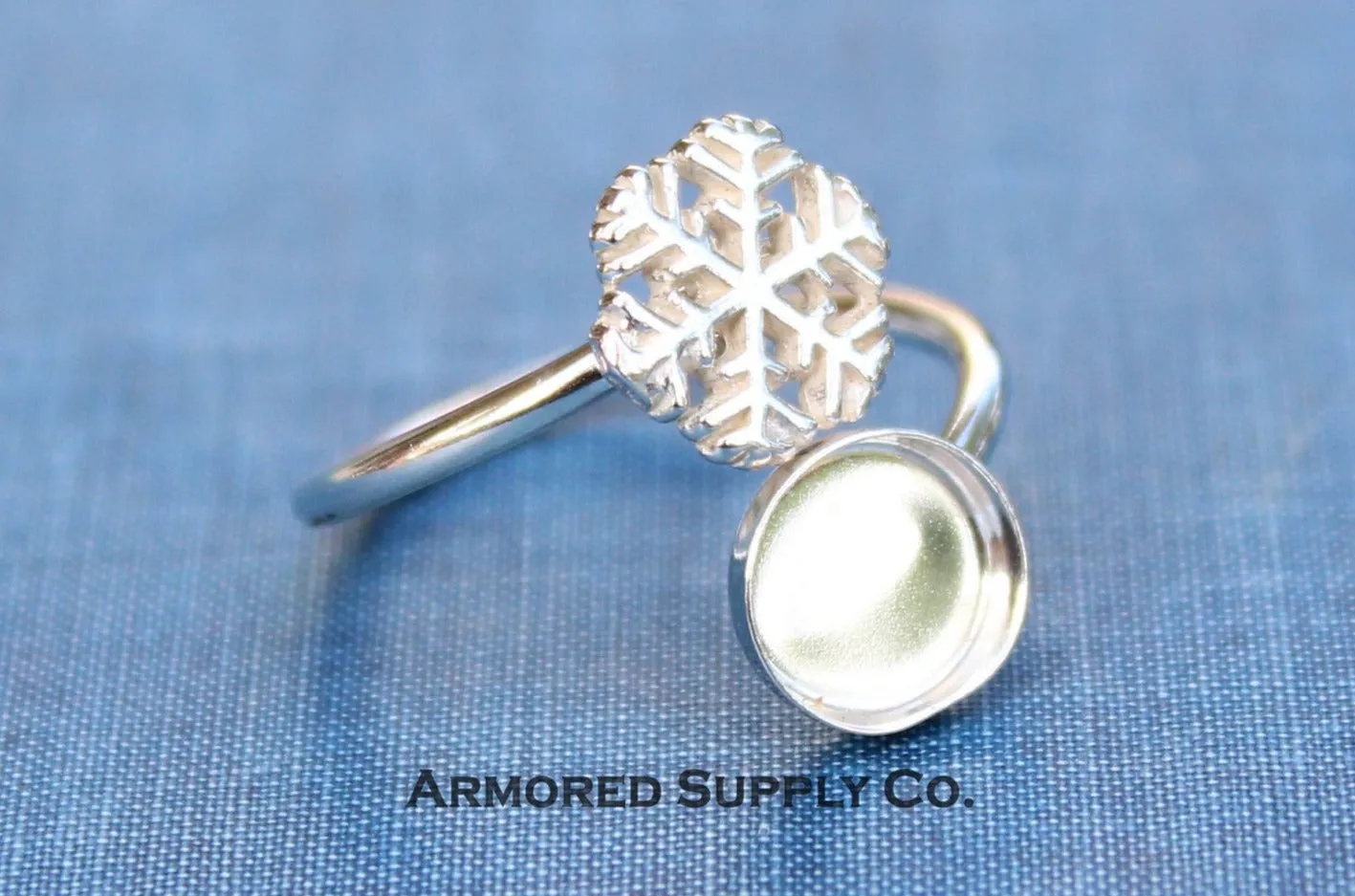 4mm Sterling Silver Snowflake Wrap Bypass Adjustable Bezel Ring blank