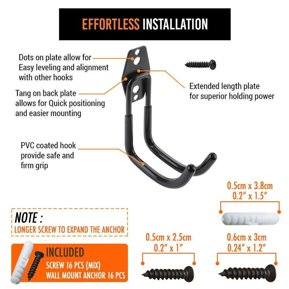 4pcs Garage Hooks for Hanging Ladder Hose Extension Cord Shovel Bike Chair Garden Tools, [UPGRADE VERSION] Wall Mount Hanger and Storage with Longer Screws Hardware Included and Anti Slip Rubber