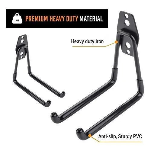 4pcs Garage Hooks for Hanging Ladder Hose Extension Cord Shovel Bike Chair Garden Tools, [UPGRADE VERSION] Wall Mount Hanger and Storage with Longer Screws Hardware Included and Anti Slip Rubber