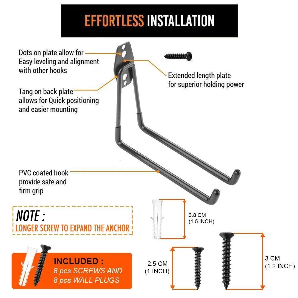 4pcs Garage Hooks for Hanging Ladder Hose Extension Cord Shovel Bike Chair Garden Tools, [UPGRADE VERSION] Wall Mount Hanger and Storage with Longer Screws Hardware Included and Anti Slip Rubber