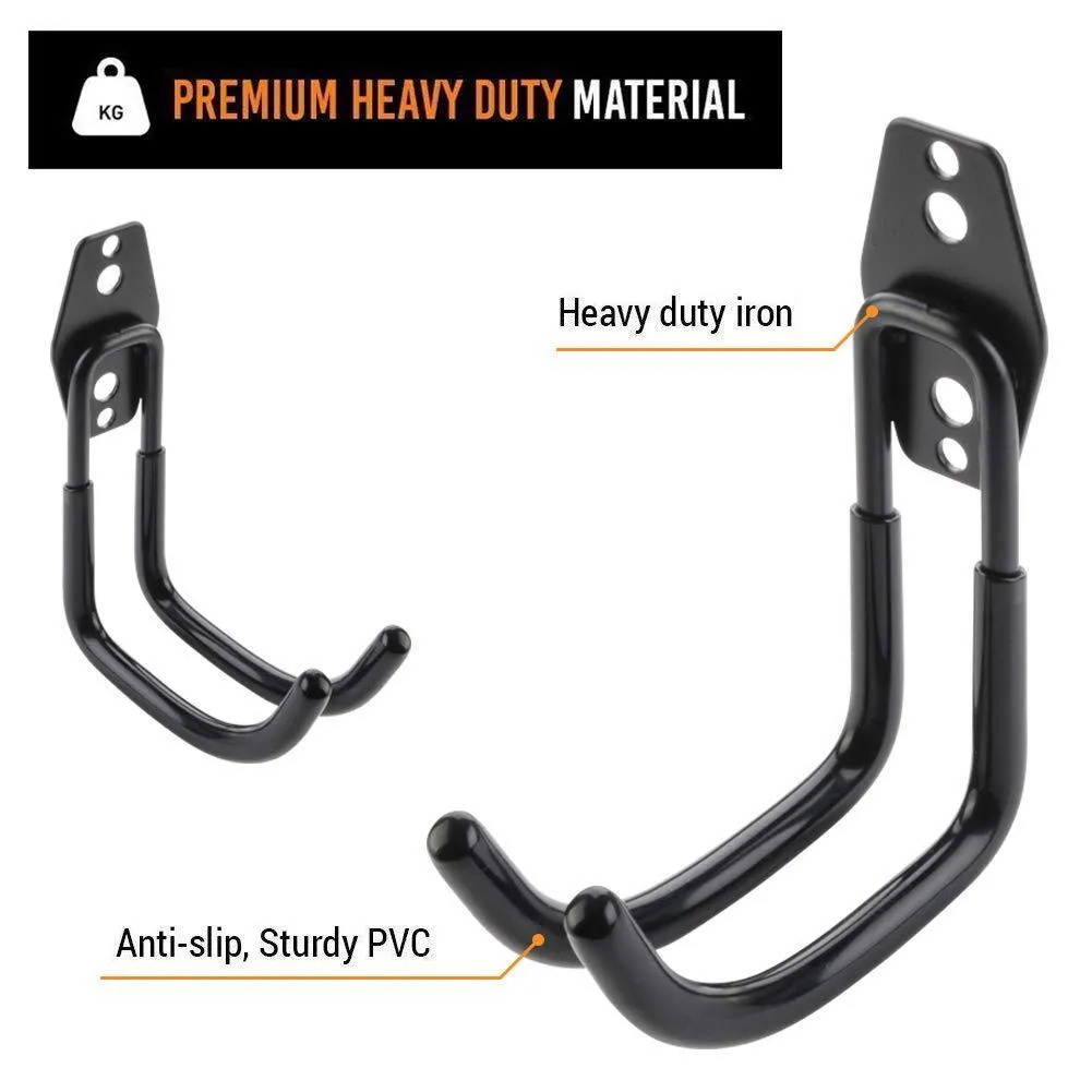 4pcs Garage Hooks for Hanging Ladder Hose Extension Cord Shovel Bike Chair Garden Tools, [UPGRADE VERSION] Wall Mount Hanger and Storage with Longer Screws Hardware Included and Anti Slip Rubber