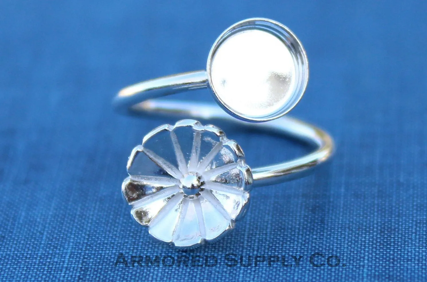 5mm Silver Flower Wrap Bypass Adjustable Bezel Ring blank