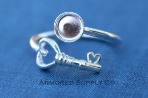 5mm Silver Heart Key Wrap Bypass Adjustable Bezel Ring blank
