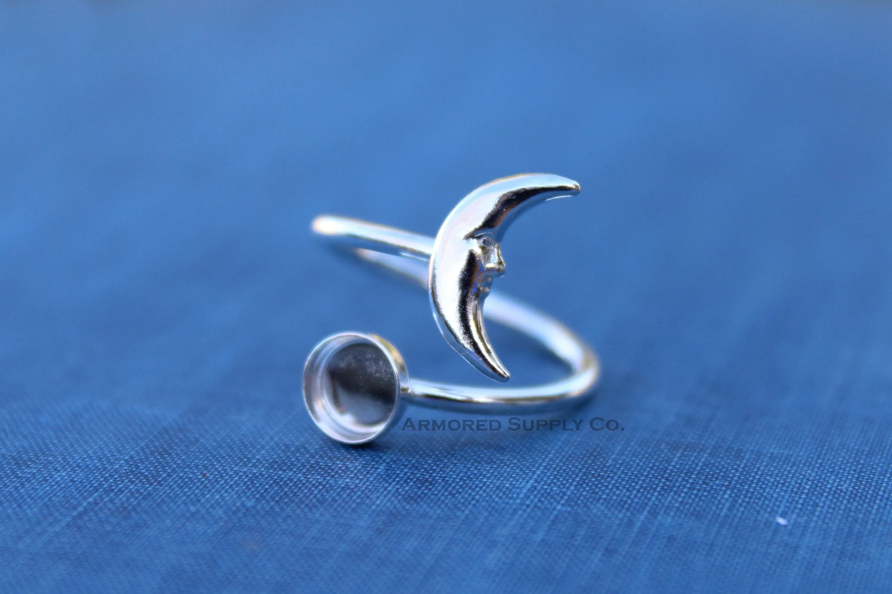 6mm Silver Crescent Moon Wrap Bypass Adjustable Bezel Ring blank