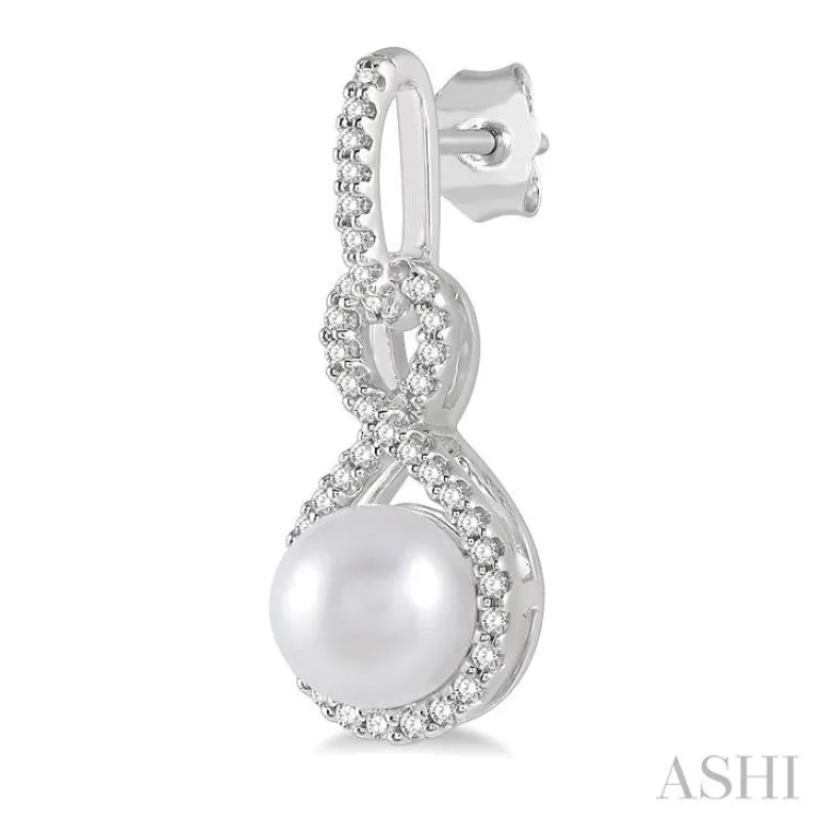 6x6 MM Round Shape Cultured Pearl and 1/4 ctw Twisted Loop Round Cut Diamond Earring in 10K White Gold
