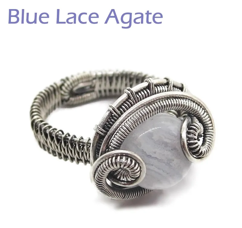 Adjustable Woven Sterling Silver Ring with Custom Gemstone; "Coriolis"