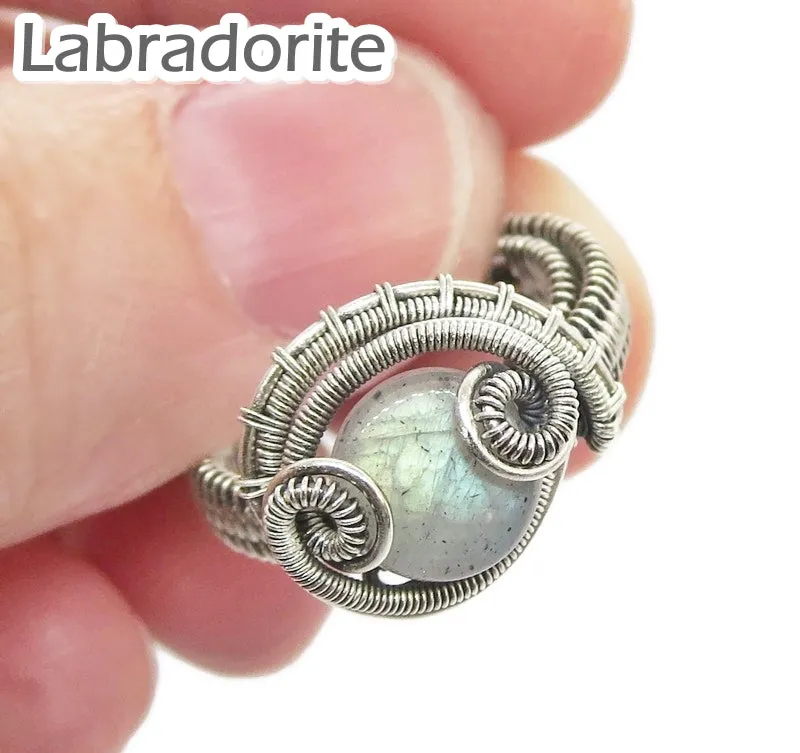 Adjustable Woven Sterling Silver Ring with Custom Gemstone; "Coriolis"