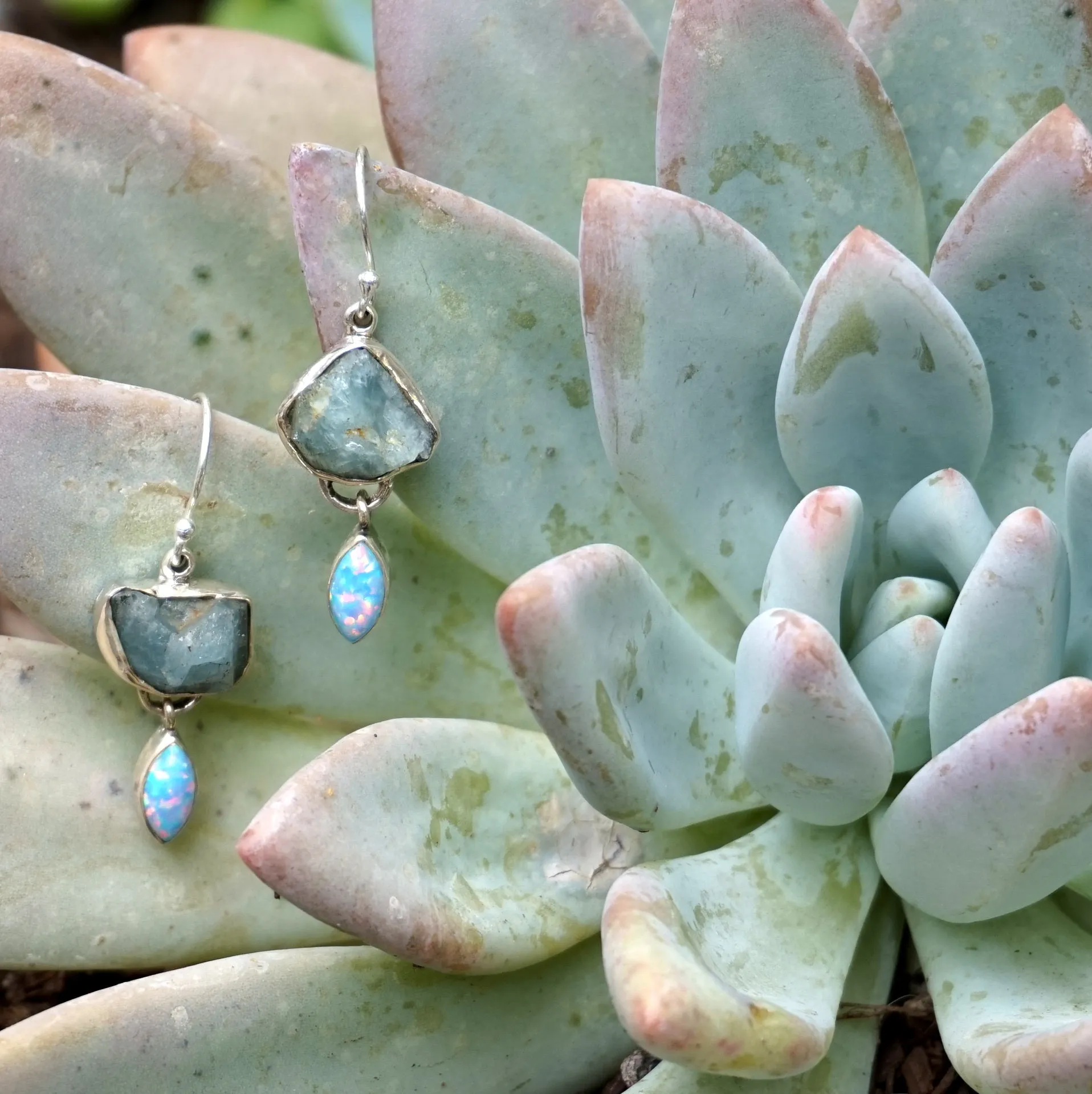 Aquamarine Rough Earring Set 2 with Fire Opal
