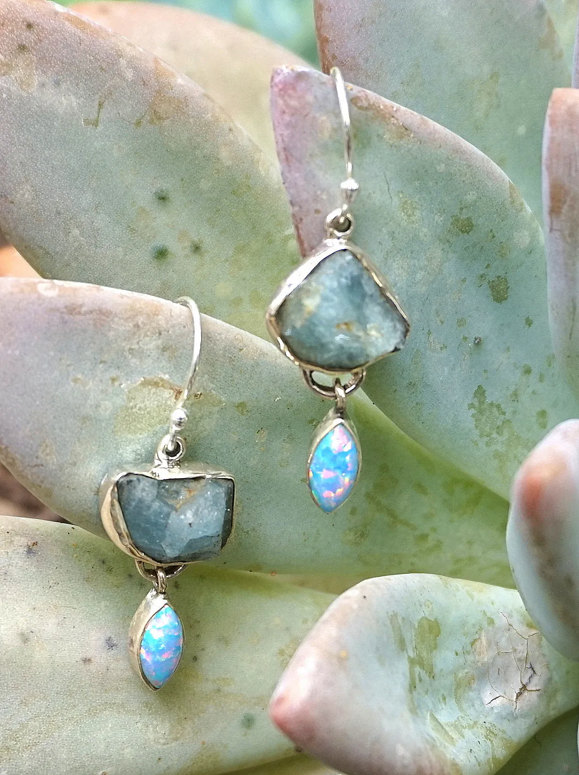Aquamarine Rough Earring Set 2 with Fire Opal