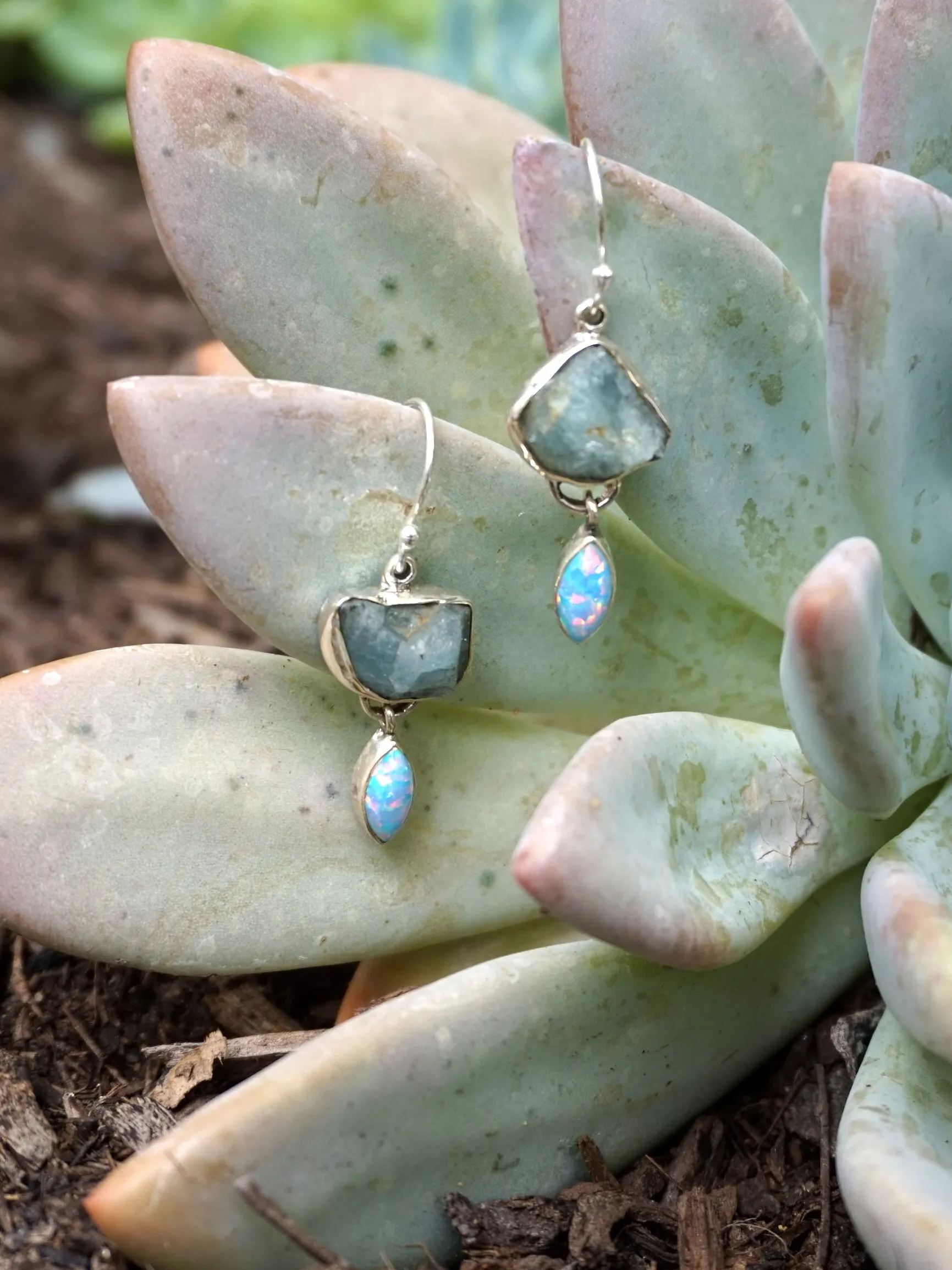 Aquamarine Rough Earring Set 2 with Fire Opal