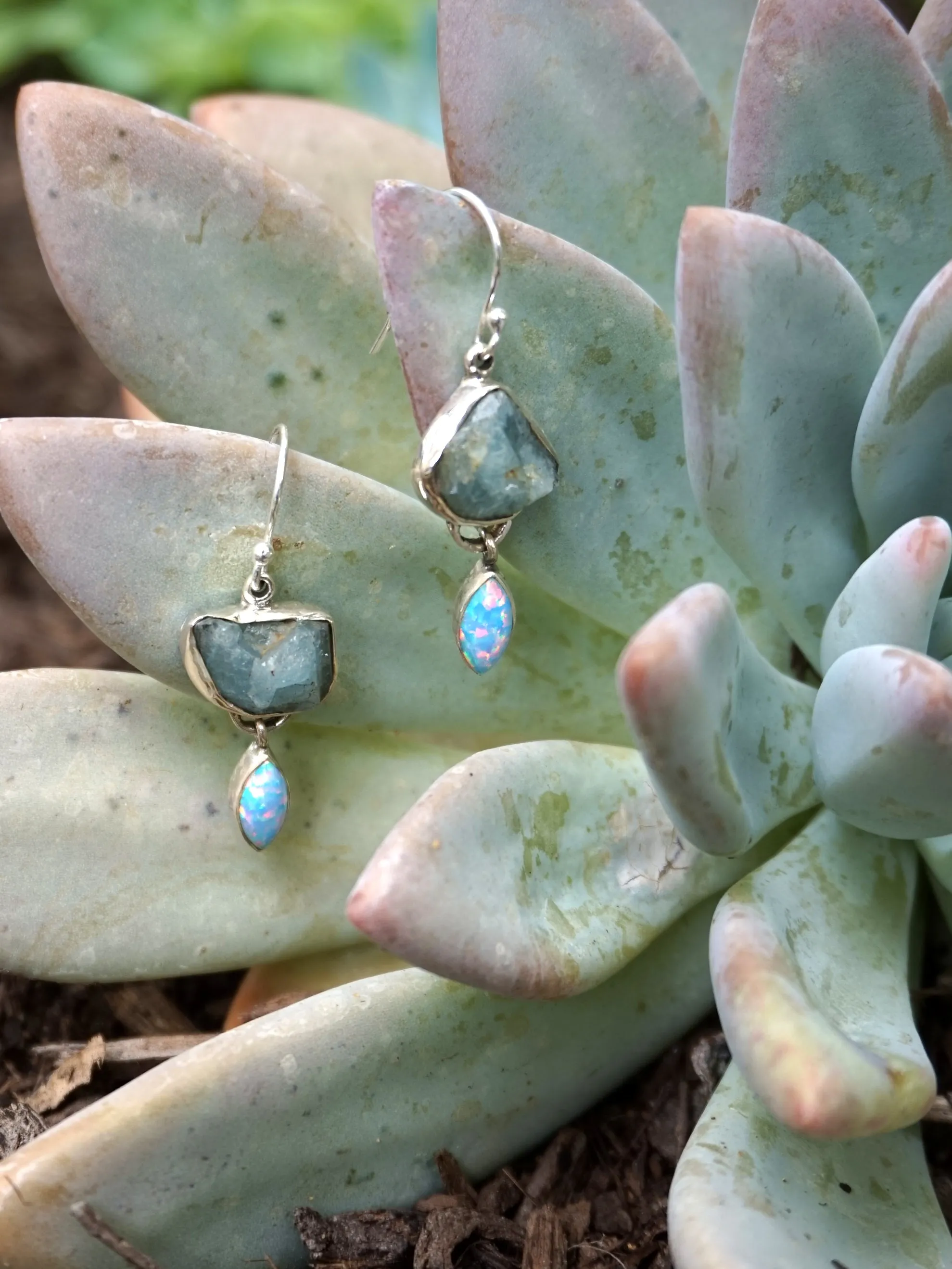 Aquamarine Rough Earring Set 2 with Fire Opal
