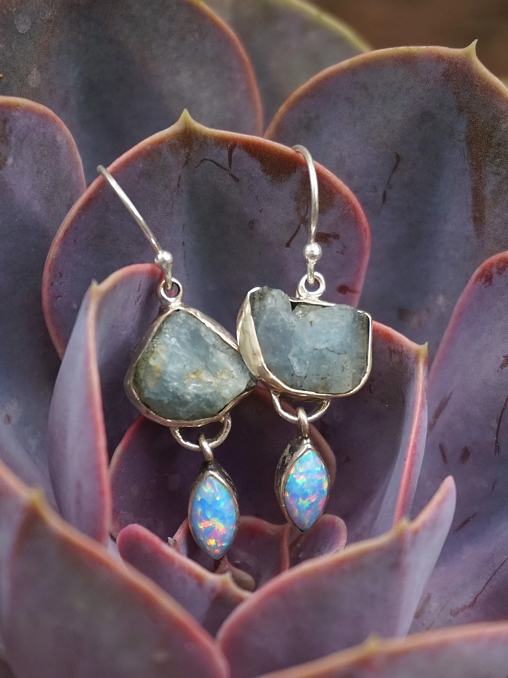 Aquamarine Rough Earring Set 2 with Fire Opal