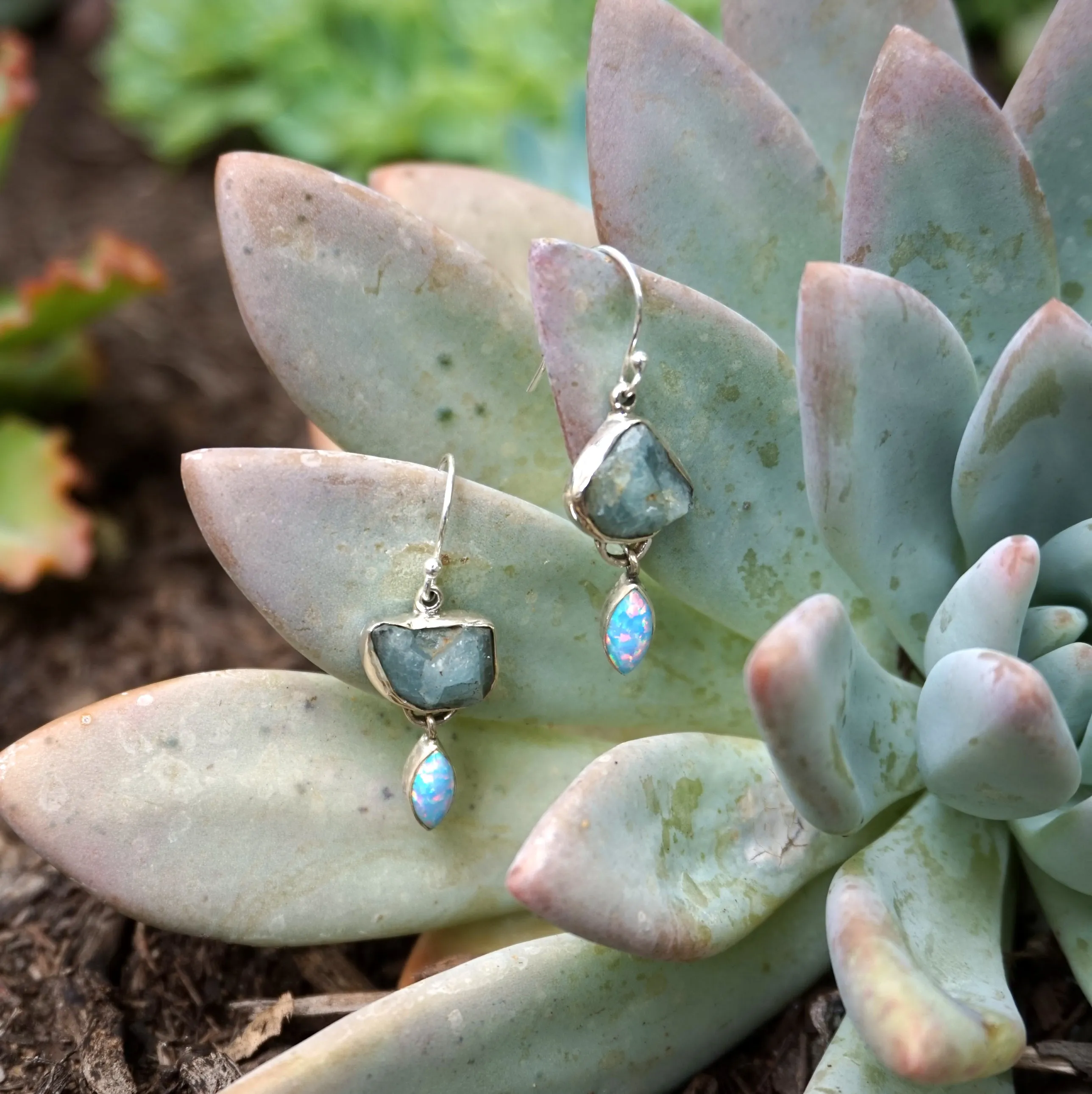 Aquamarine Rough Earring Set 2 with Fire Opal