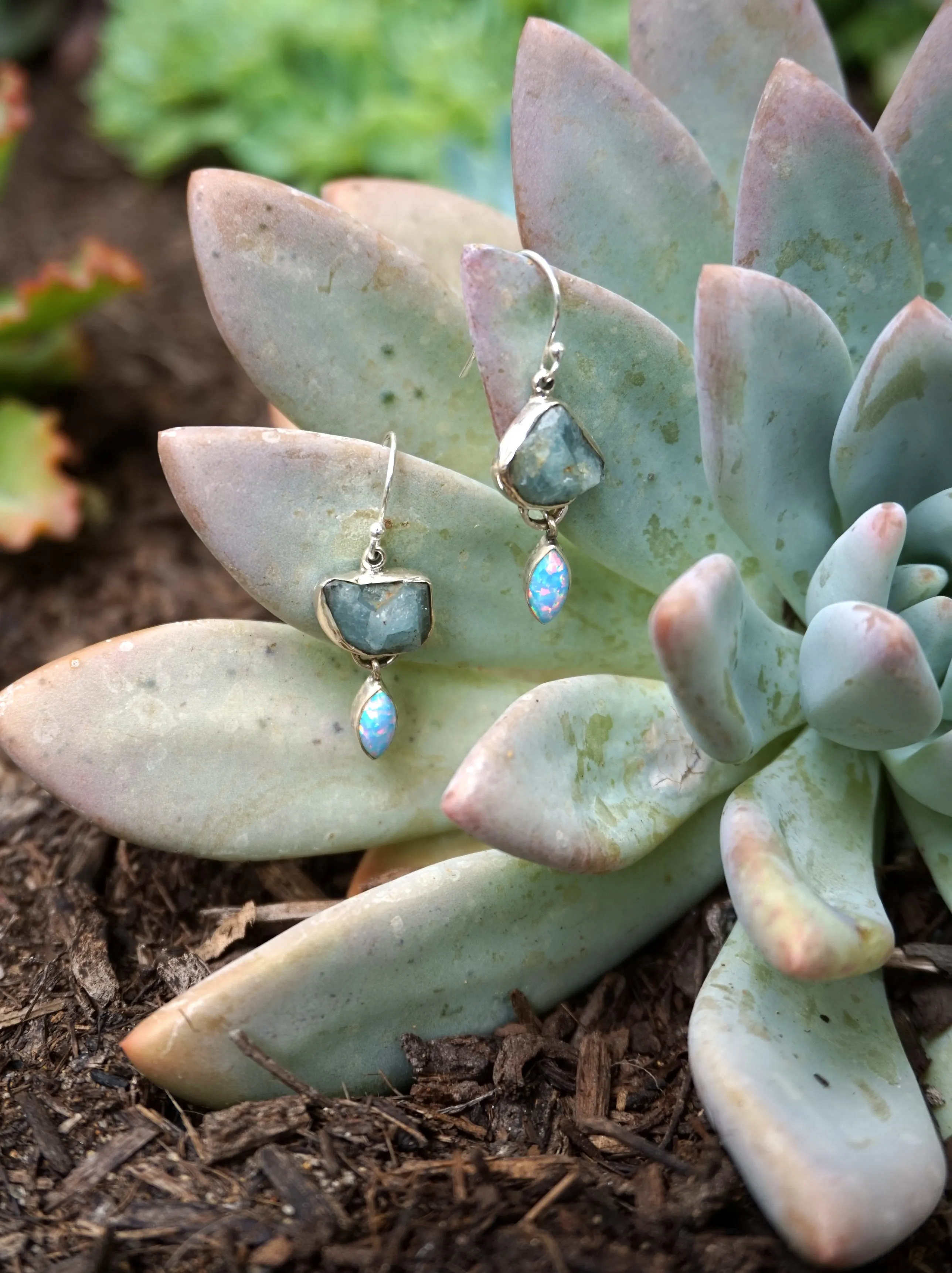 Aquamarine Rough Earring Set 2 with Fire Opal