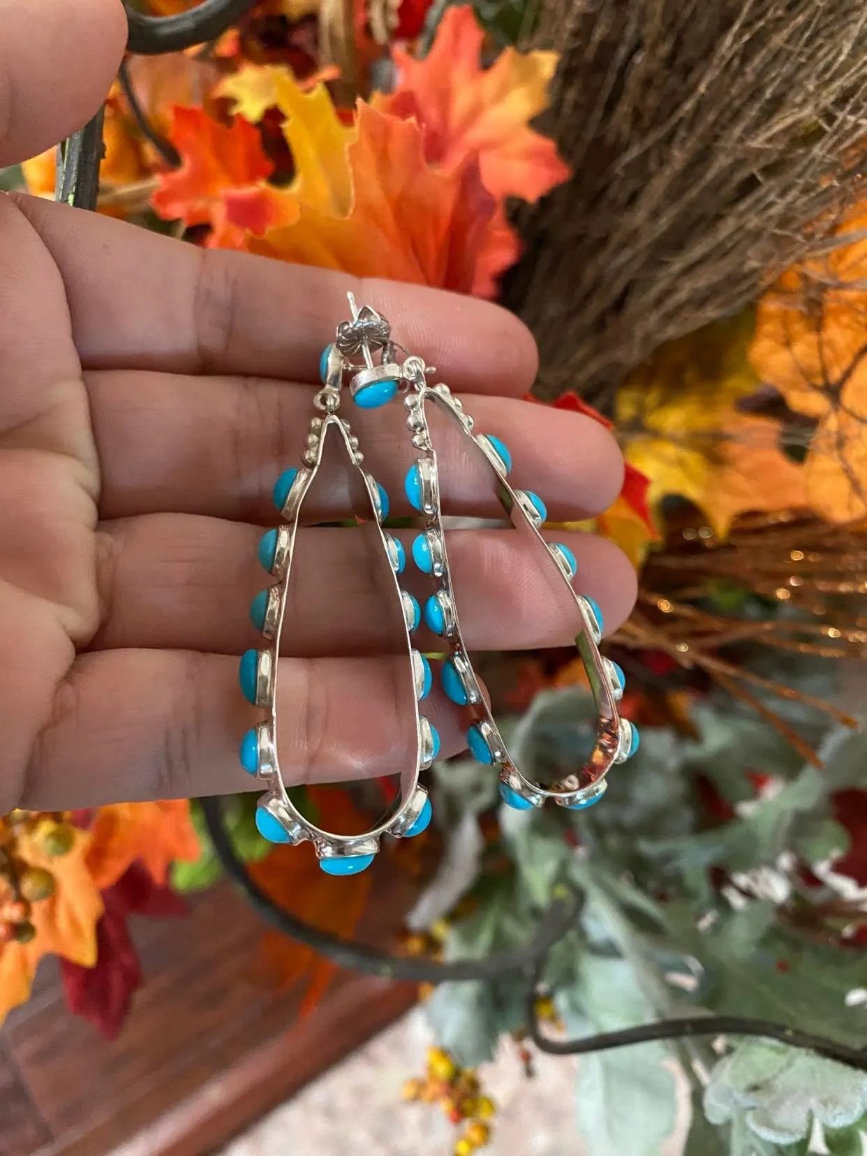 Authentic Sleeping Beauty 14 small cab Turquoise Squashed Loop Earrings