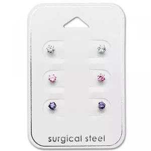 Baby and Children's Earrings:  Surgical Steel, 3mm AAA CZ Studs Gift Pack