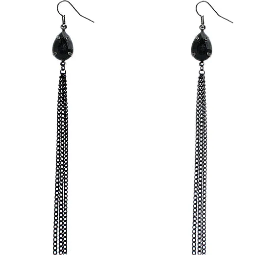 Black Teardrop Gem Multi-Chain Dangle Earrings