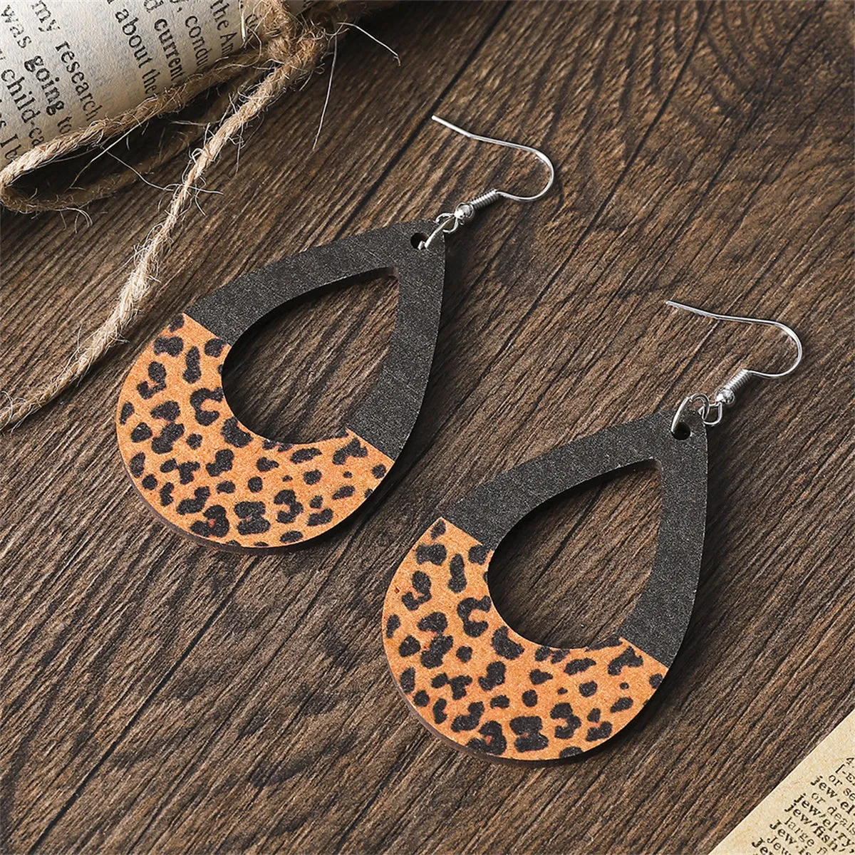 Black Wood & Silver-Plated Leopard Loop Drop Earrings