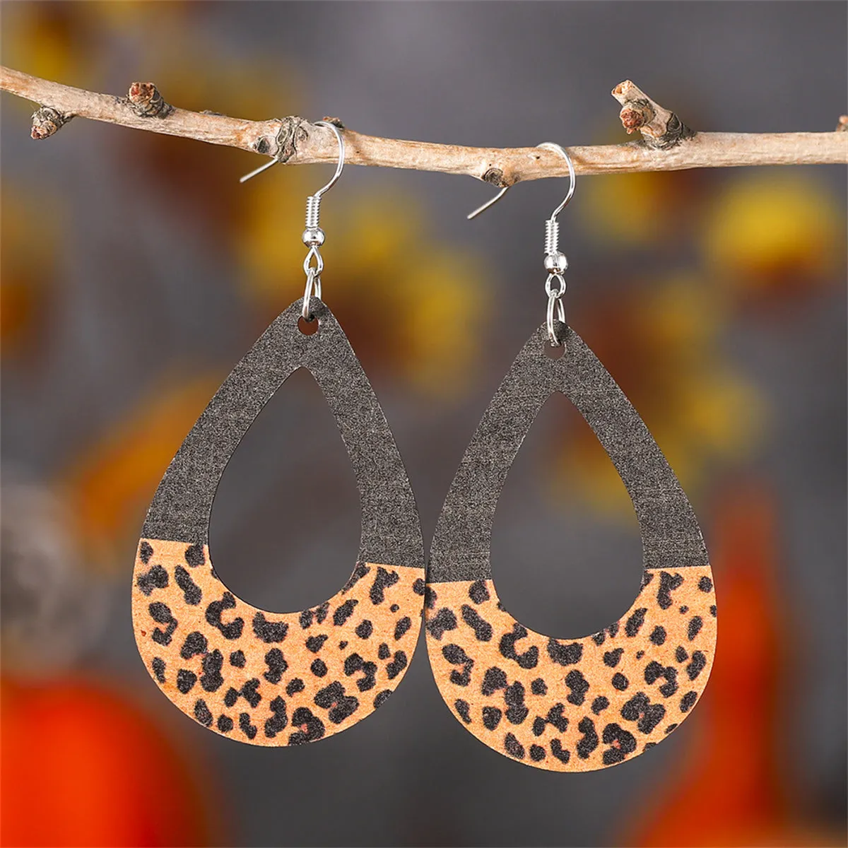 Black Wood & Silver-Plated Leopard Loop Drop Earrings