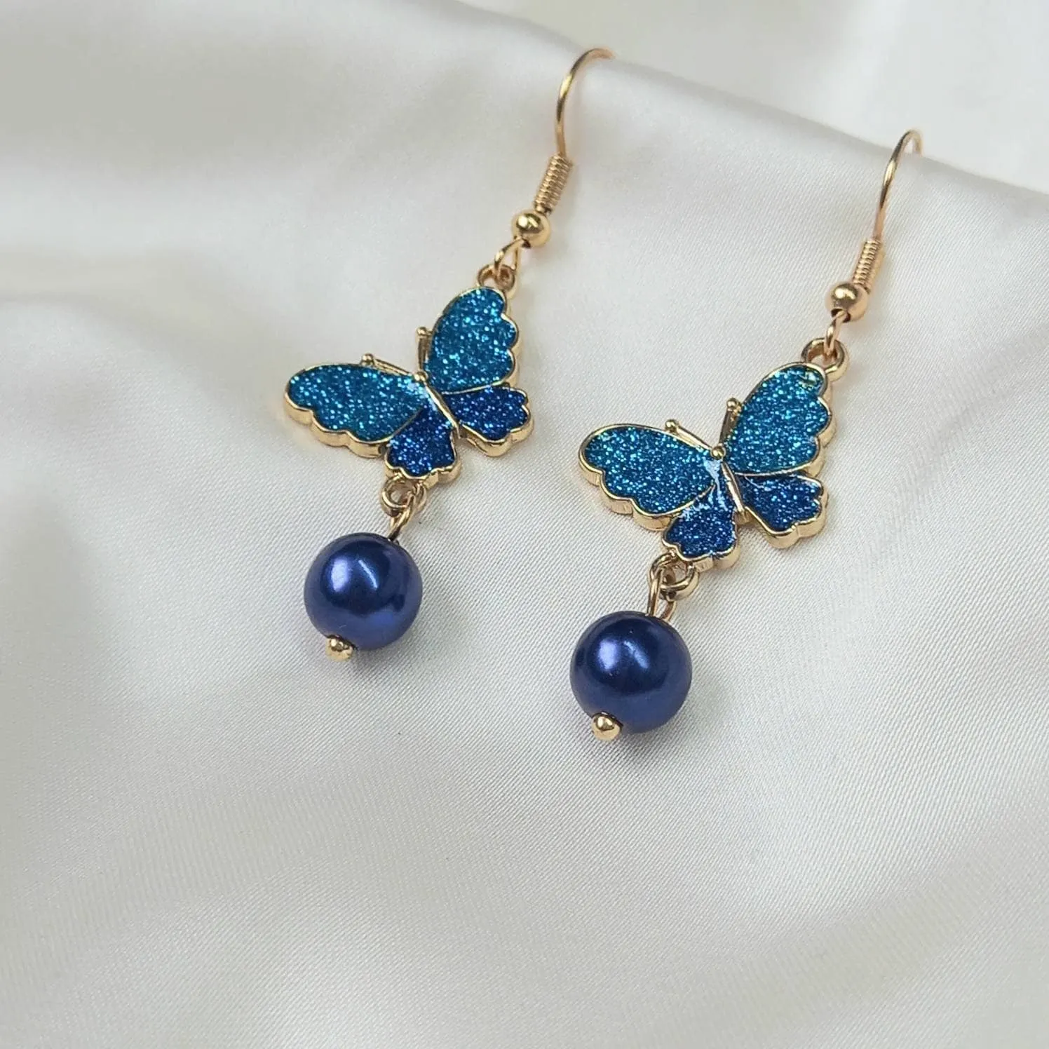Blue Butterfly Drop Earrings - Lightweight Earrings,Blue Butterfly Earrings,Blue Earrings In The UK,Gold Butterfly Jewellery In The UK