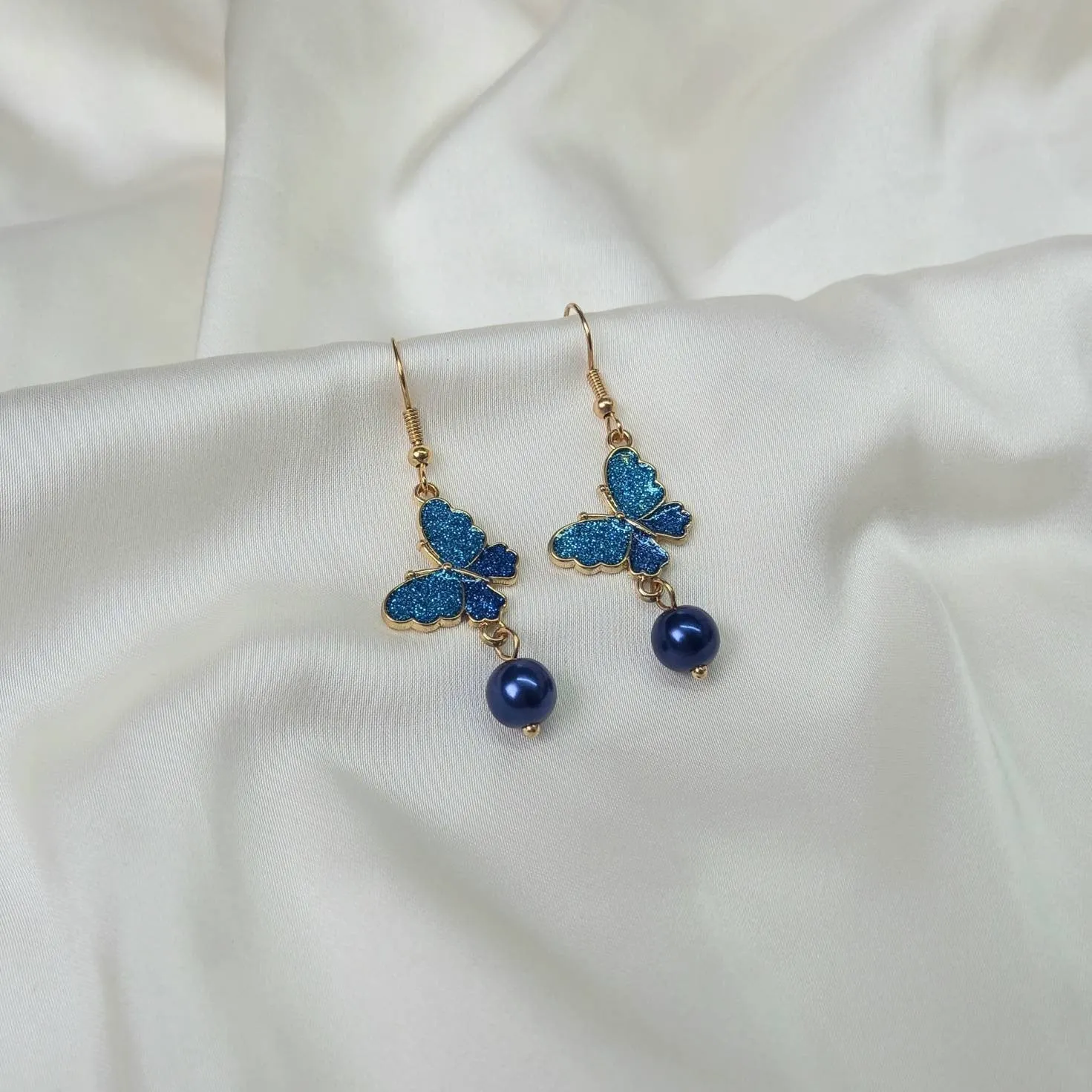 Blue Butterfly Drop Earrings - Lightweight Earrings,Blue Butterfly Earrings,Blue Earrings In The UK,Gold Butterfly Jewellery In The UK