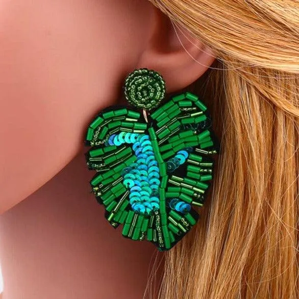 Bohemian Beaded Monstera Leaf Earring - FINAL SALE