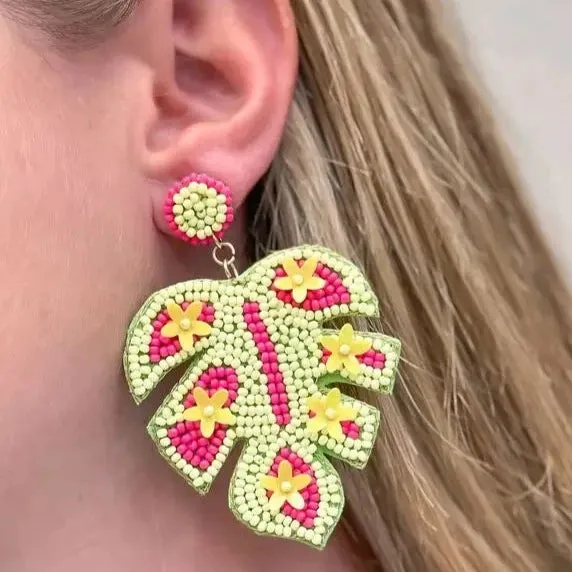 Bohemian Beaded Monstera Leaf Earring - FINAL SALE