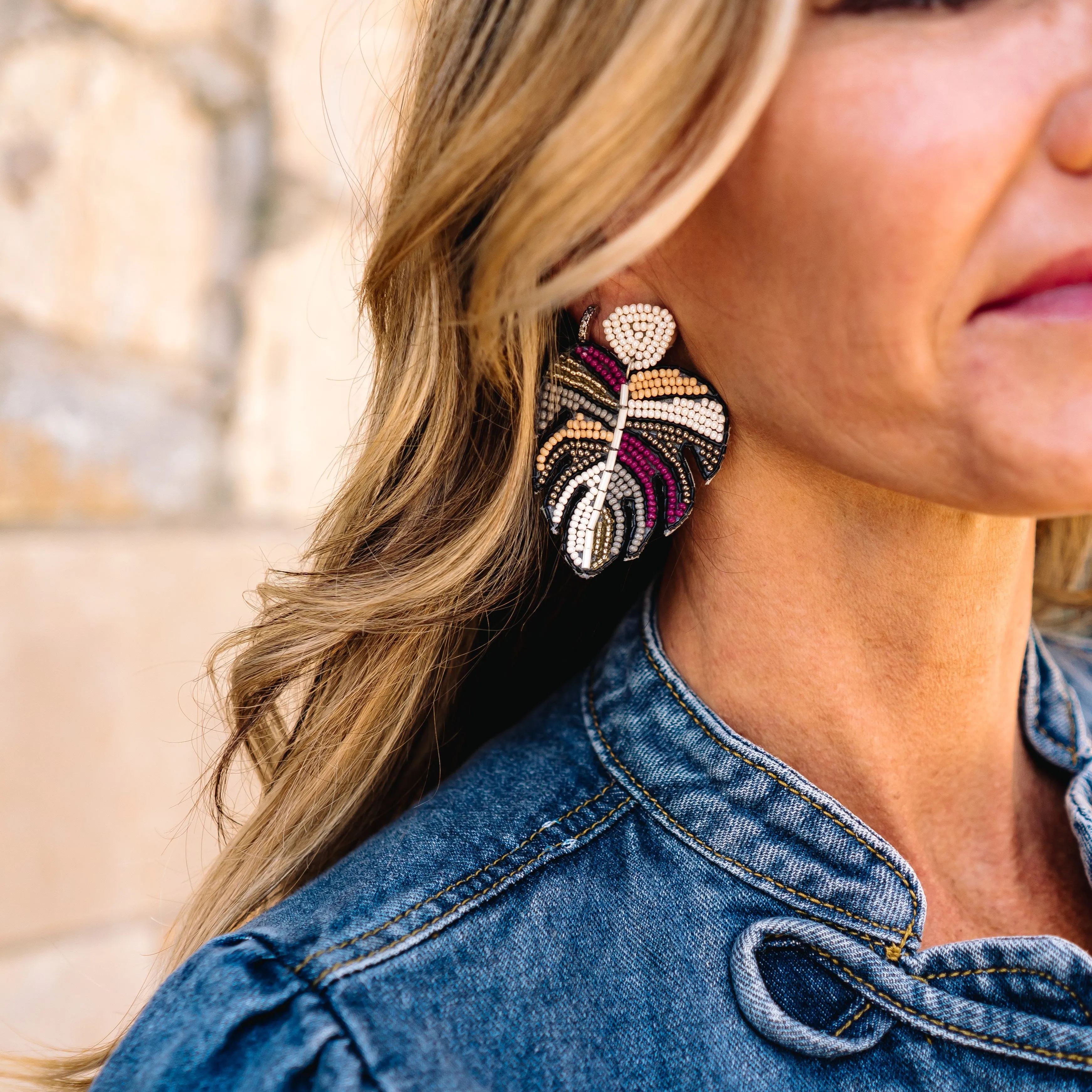 Bohemian Beaded Monstera Leaf Earring - FINAL SALE