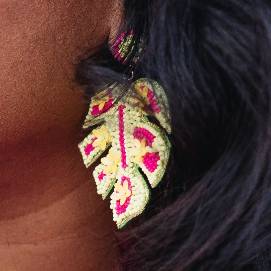 Bohemian Beaded Monstera Leaf Earring - FINAL SALE