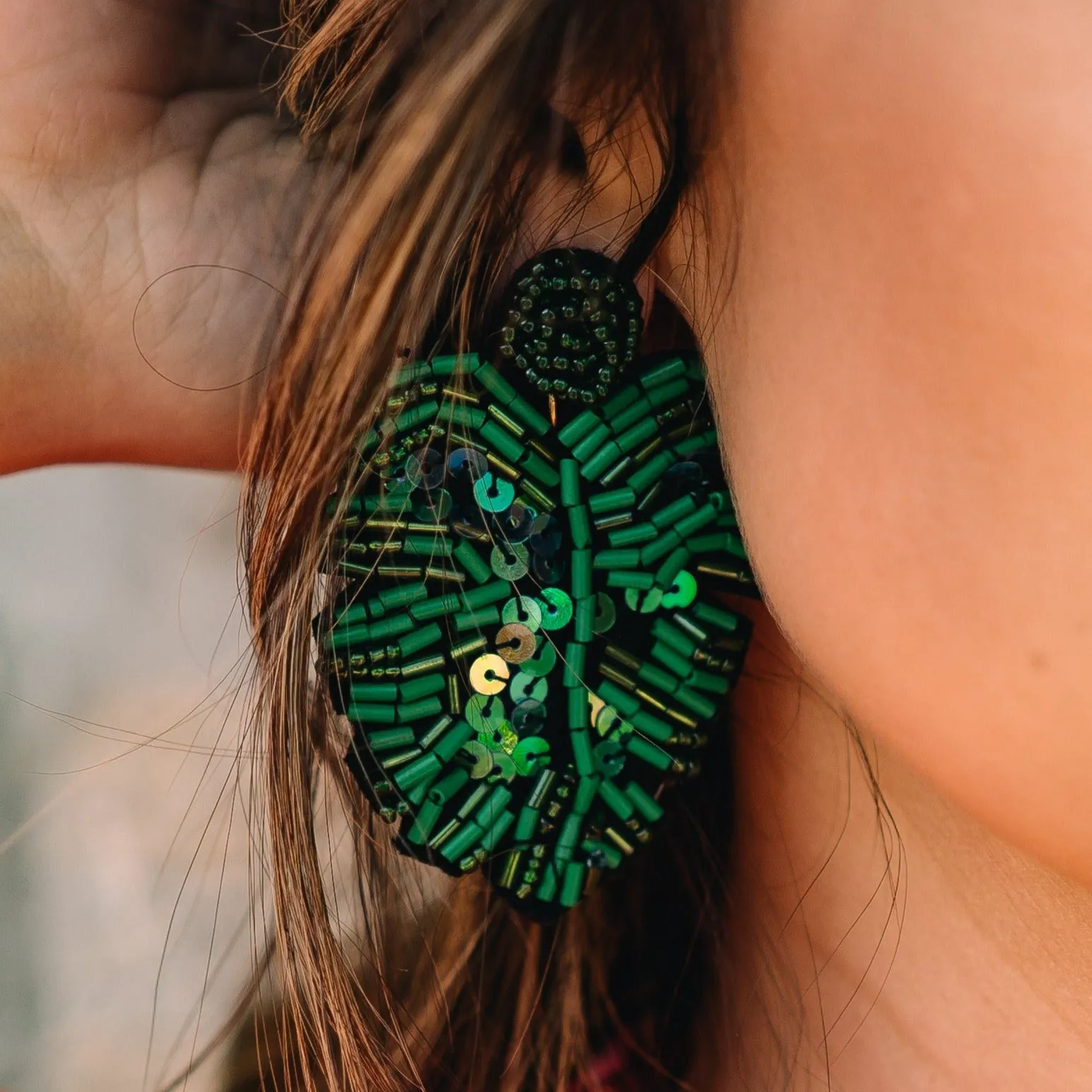 Bohemian Beaded Monstera Leaf Earring - FINAL SALE