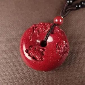 Boho Red Cinnabar Dragon Necklace Hemp Rope Faux Gemstone Charm Non Magnetic