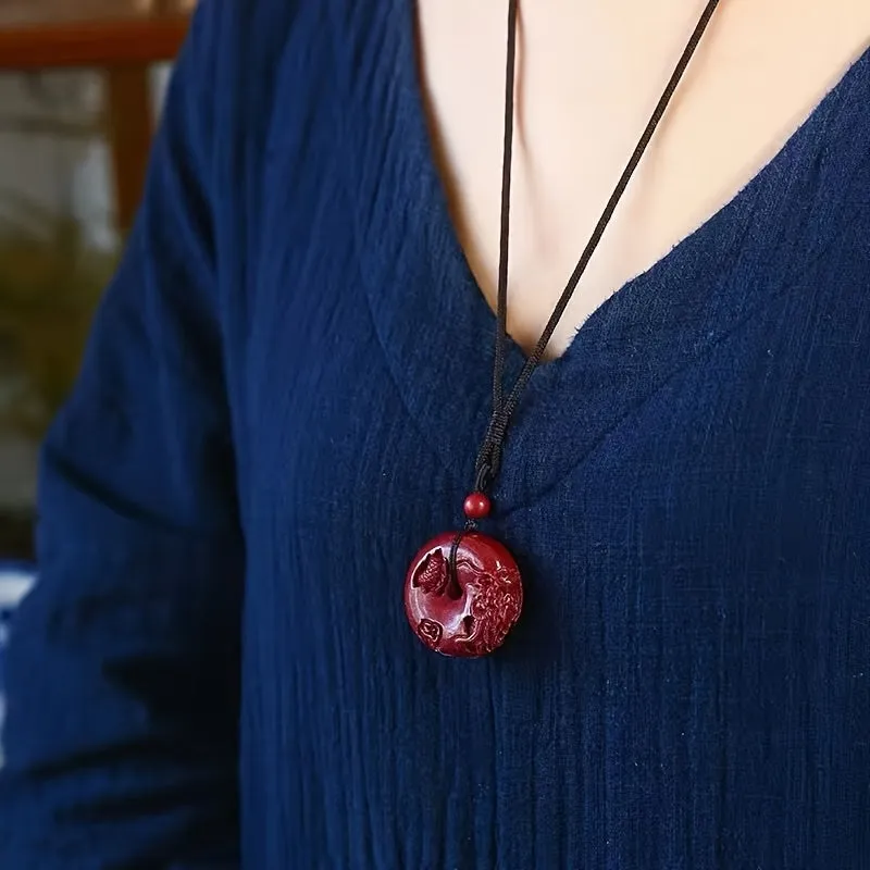 Boho Red Cinnabar Dragon Necklace Hemp Rope Faux Gemstone Charm Non Magnetic