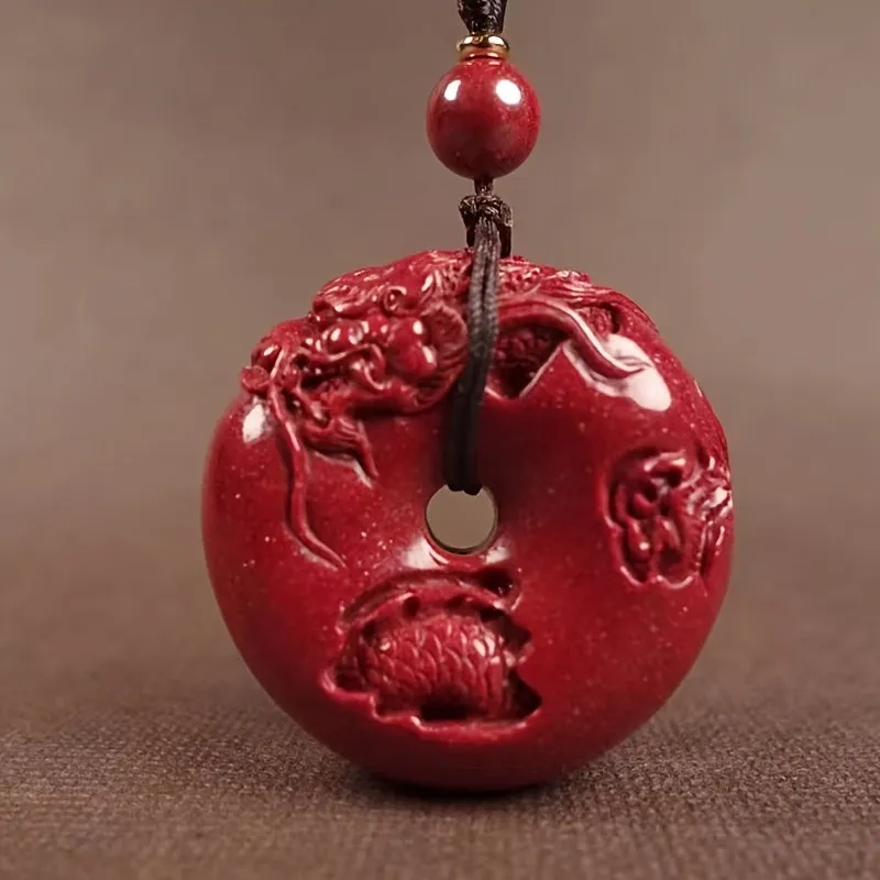 Boho Red Cinnabar Dragon Necklace Hemp Rope Faux Gemstone Charm Non Magnetic