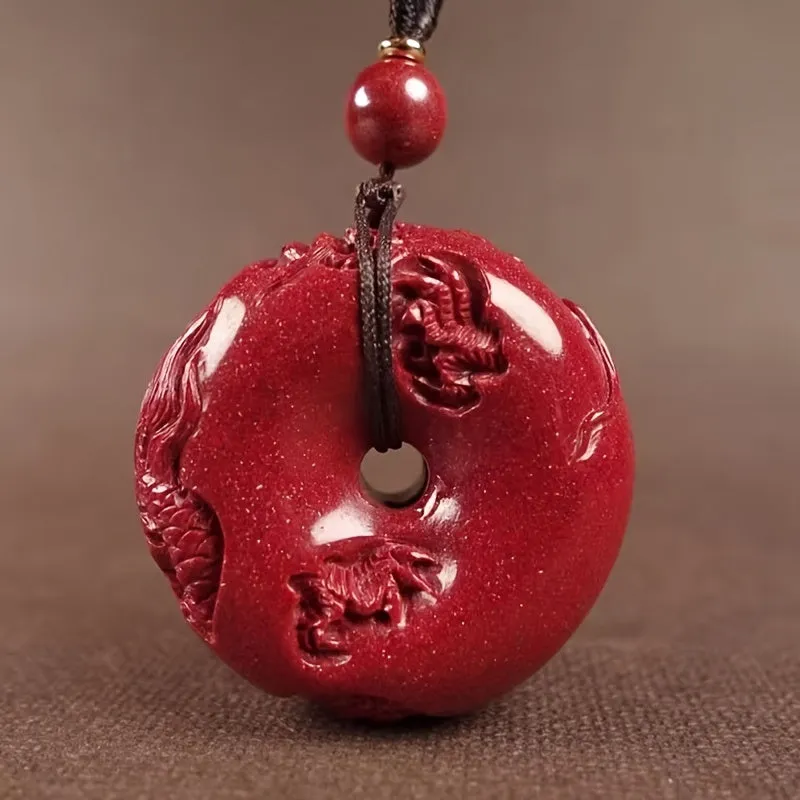 Boho Red Cinnabar Dragon Necklace Hemp Rope Faux Gemstone Charm Non Magnetic