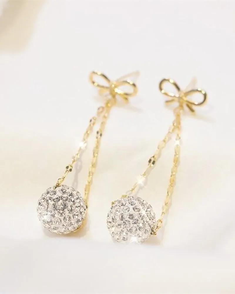 Bowknot Ball Pattern Rhinestone Drop Earrings
