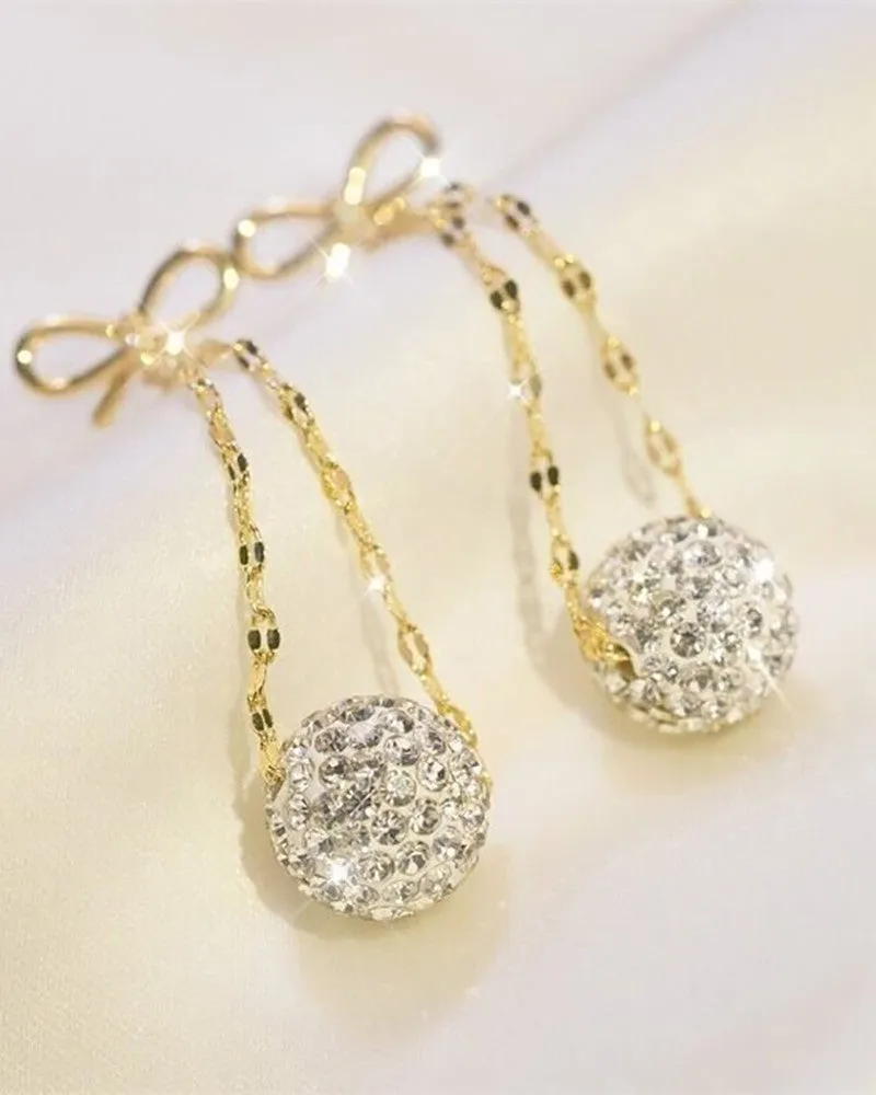 Bowknot Ball Pattern Rhinestone Drop Earrings