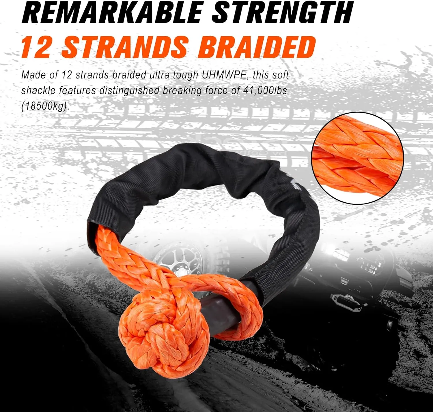 BUNKER INDUST 2Pcs Synthetic Soft Shackle Rope, 1/2 Inch x 24 Inch, 41,000 LBS Breaking Strength - Winch Towing & Recovery Shackles for Offroad 4x4 Vehicles, Truck, SUV, UTV, ATV